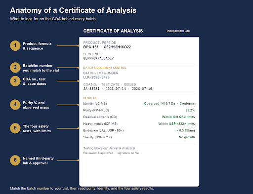Anatomy of a Certificate of Analysis: the batch number, compound name, purity result, observed mass, test date and lab signature fields on a Life Link Research COA.