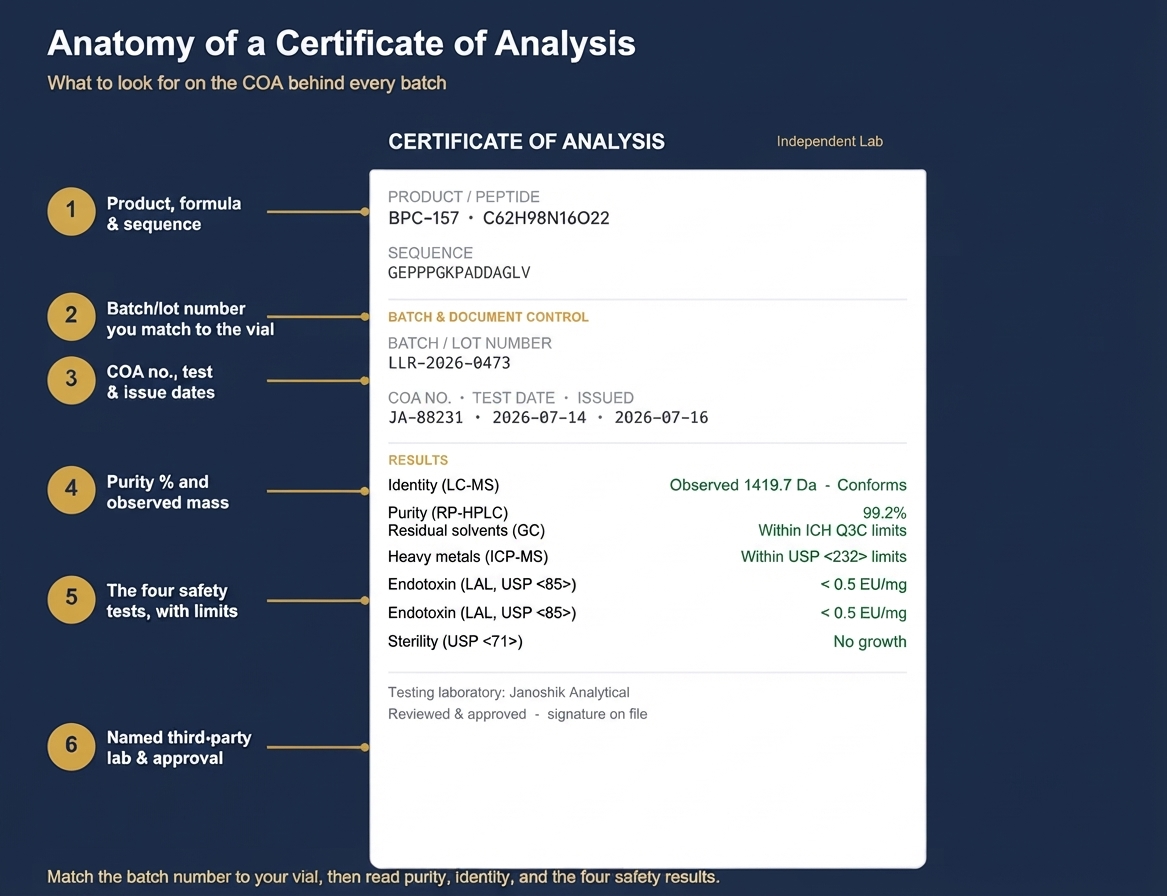 Anatomy of a Certificate of Analysis: the batch number, compound name, purity result, observed mass, test date and lab signature fields on a Life Link Research COA.